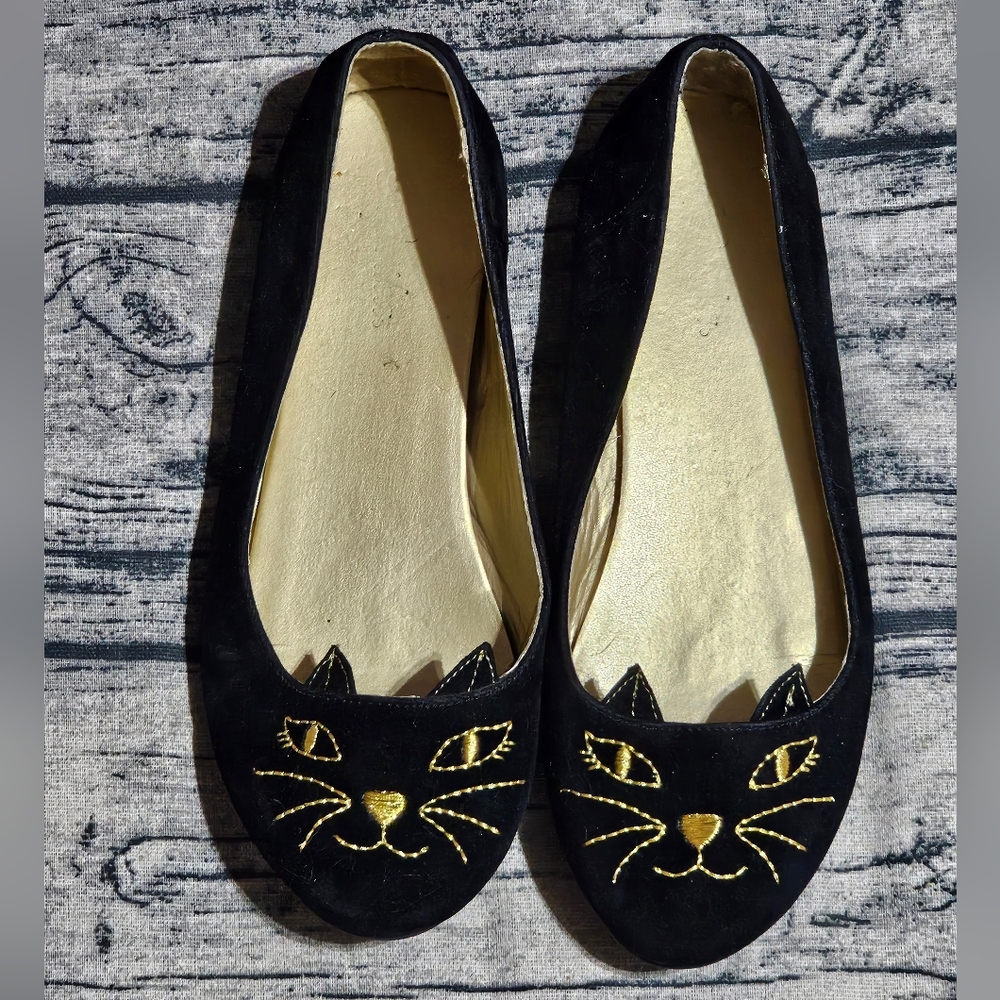 Black Cat Embroidered Flats